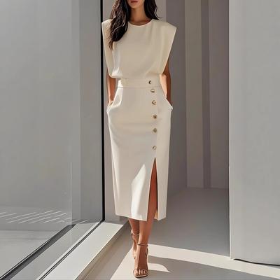 Damen Rundhals Ärmellos Einfarbig Midi Kleid Enganliegend Hohe Taille Elegant Büro Arbeitskleid Mit Knöpfen Schlitz
