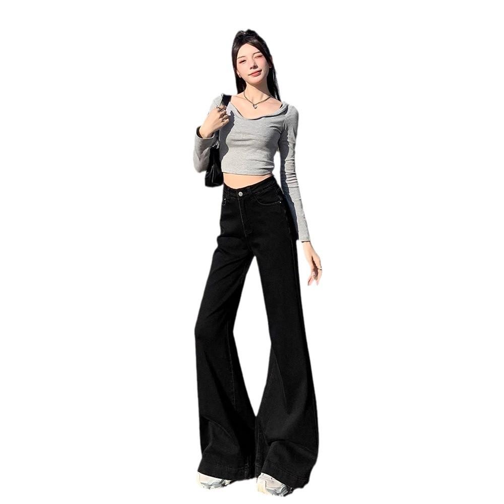 Schwarze Wide Leg Jeans für Damen für Frühling und Herbst Niedrige Taille Locker Geschnitten Schlankmachende Hosen für Herbst und Winter