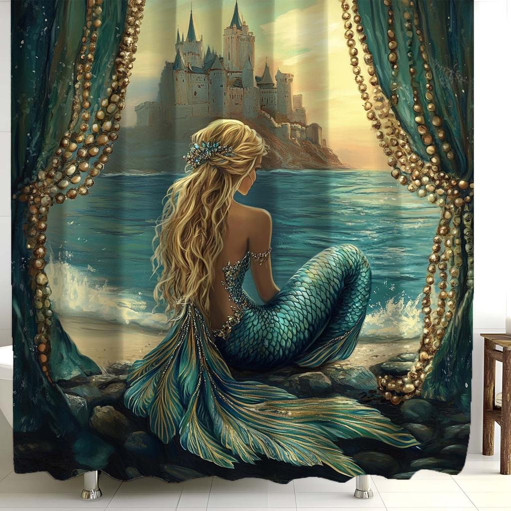 Magical Mermaid and Castle Waterproof Shower Curtain - Enchanting Ocean Scene, High-Quality Fabric, Durable and Stylish