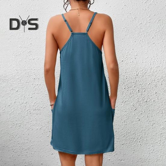 Damen Nachthemd Ärmelloses Chemise Pyjamakleid Spaghettiträger Racerback Tankkleid mit Taschen Sommer Lockere Nachtwäsche
