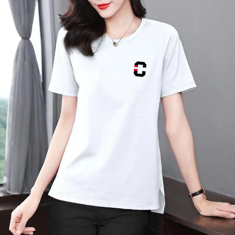 Summer Cotton Printing Letter Mid Length Version T-shirt Women High Quality Short Sleeve O-collar Loose Vent Lady Casual Top