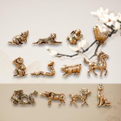 12Pcs Chinese Zodiac Set Brass Figurine Vintage Desktop Ornament Tea Pet Mini Statues for