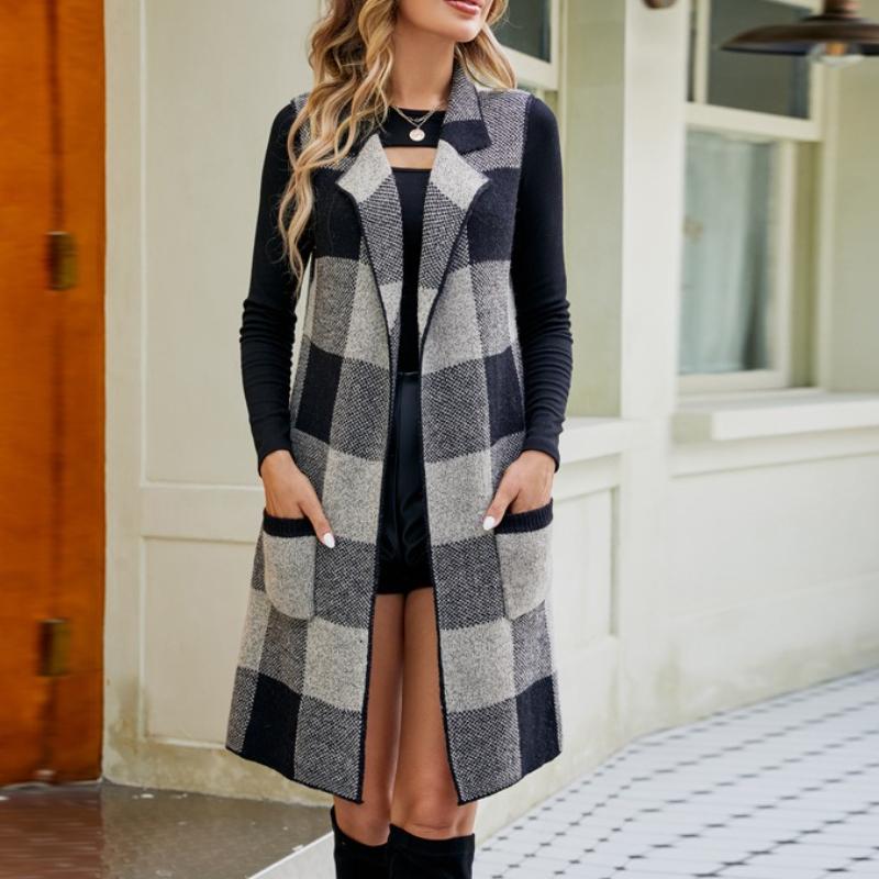 BITCED Women's Longline Blazer-Collar Sleeveless Knit Cardigan Check Jacquard Knitted Vest Outerwear Cardigan