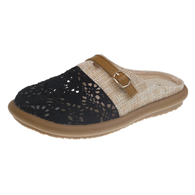 Fashion Shoes for Women 2025 New Breathable Flax Outdoor Women's Slippers Fashion Flat with Baotou Hollow Out Solid Modern Slippers