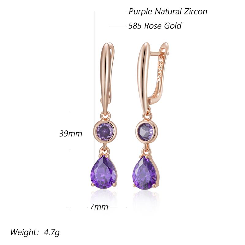 Shiny Purple Natural Zircon Long Dangle Earrings For Women Rose Gold Color Vintage Ethnic Bride Daily Fine Jewelry