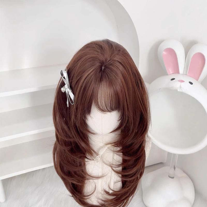 Synthetic Brown Wig Women Wig for Cosplay High-Layered Wavy Hair Wig with Hair Bangs 26inch Long Wig for Women Daily Party Use