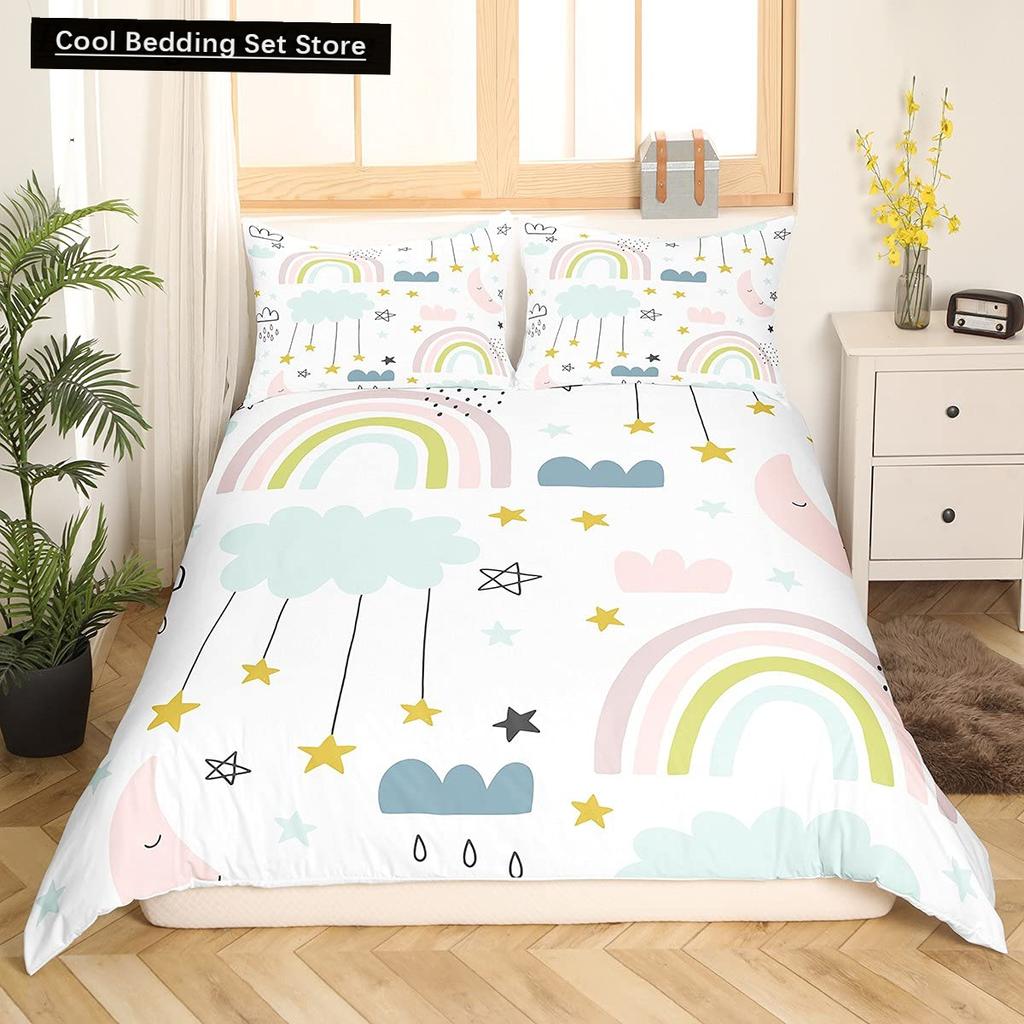 Cartoon Regenbogen König Königin Bettbezug Kinder Mädchen Bunte Wolken Bettwäsche Set Liebesherz Bettdeckenbezug Polyester Steppdeckenbezug