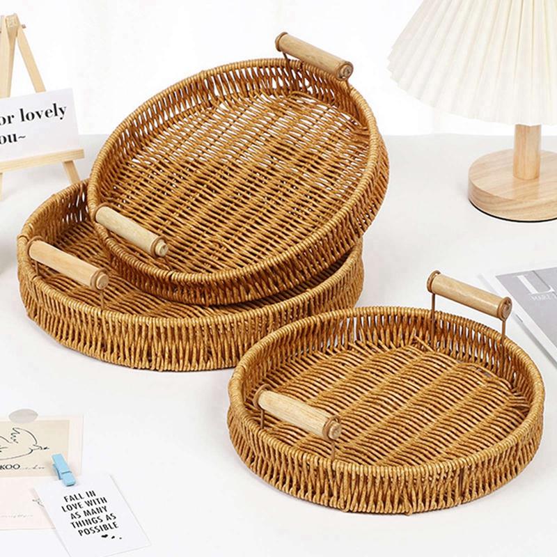 Hand Woven Rattan Tray Square/Round Storage Basket for Kitchen Home Office Bread Food Plate Fruit Cake Sundries Storage