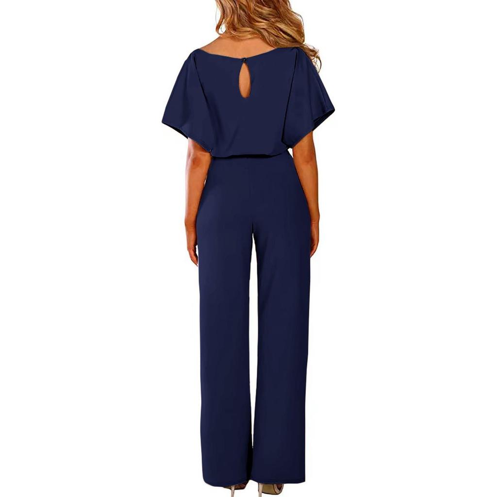 Solid Color Short-Sleeve Tie-Sleeve Romper Jumpsuit