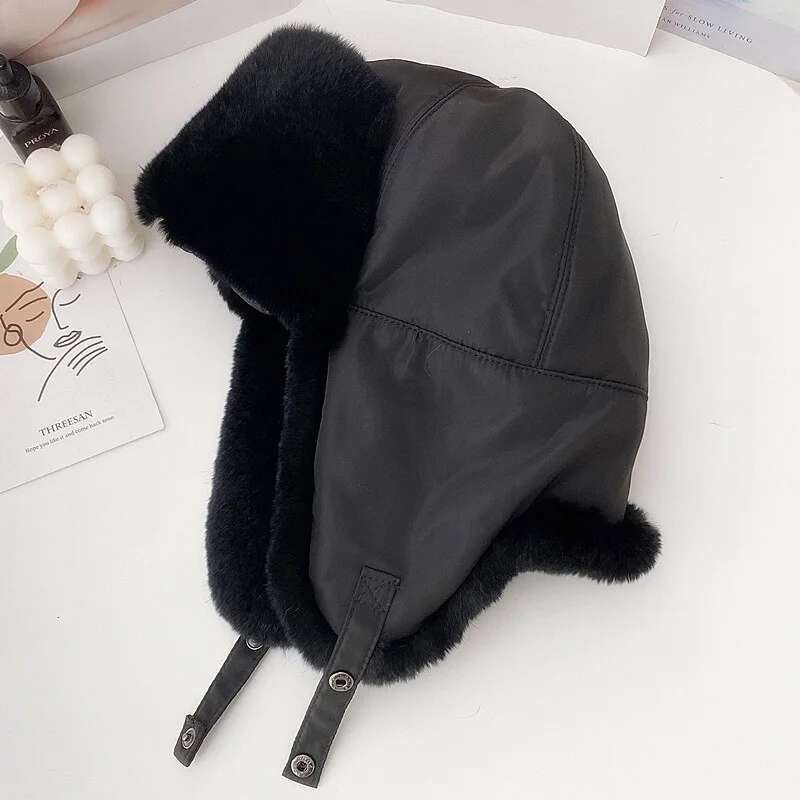 

Rex Rabbit Fur Hat For Women Real Fur Lei Feng Hat With Ear Flaps Outdoor Skiing Hat Female Warm Fur Caps Thick Windproof Caps One Size чёрный