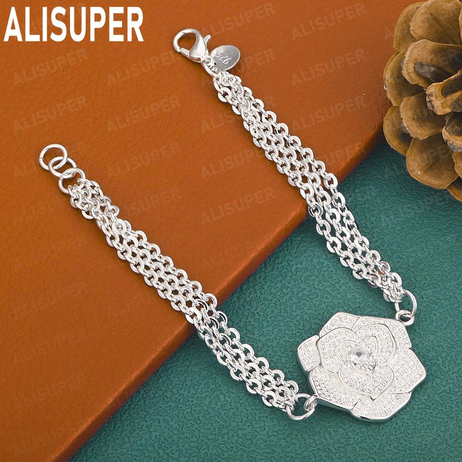 925 Sterling Silver Exquisite Flower Side Chain Charming Bracelet Gift Jewelry