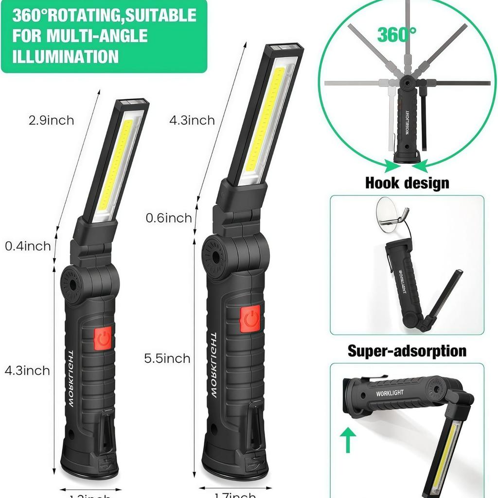 Generic Led Work Light Usb Rechargeable Super Bright Cob 360 Rotating Foldable Magnetic Base For Car Repair Camping Garage2 Pack