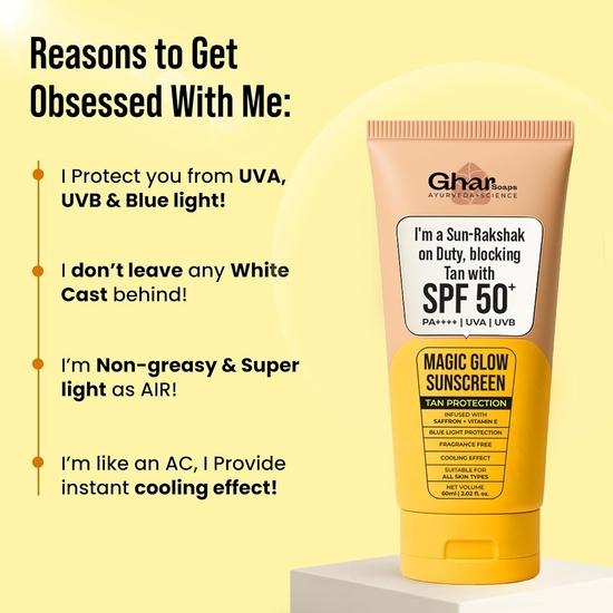 Ghar Soaps Magic Glow SPF 50+ PA++++ Mineral Sunscreen | UVA/UVB & Blue Light Protection | No White Cast, Non-Greasy (60g, Pack of 1)