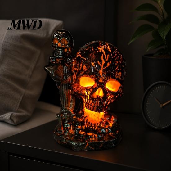 Halloween Table Lamp Skull Lamp, Glowing Skeleton Resin Figurine, Gothic Ambient Figurine Night Light for Mantel Shelf Party Home Decor Handcrafted