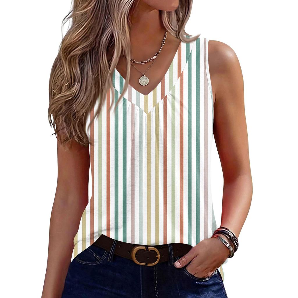 Womens Tank Tops Sleeveless Loose Fit Tops V Neck Pleated Shirts Basic Tees