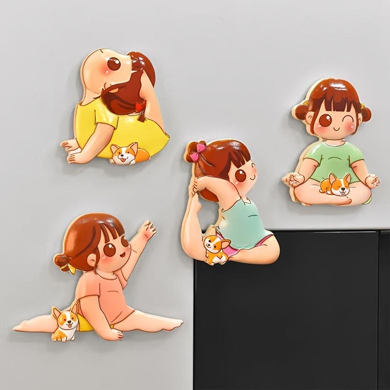 4pcs Set of Japanese Magnetic Fridge Stickers, Featuring a Korean Sporty Self Discipline Girl, Cute Cartoon Designs for Fridge Decoration