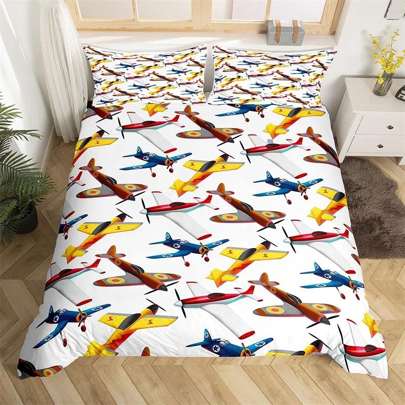 Aircraft Queen Duvet Cover Set Cartoon Airplane Bedding Set Polyester Clouds Stars Moon Print Comforter Cover For Kids Boys Room