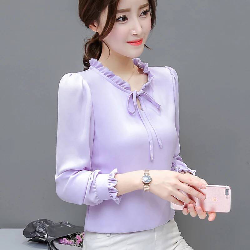 Autumn Loose Plus Size Bow Chiffon Shirt Women's Long Sleeved Solid Color Shirt Base Top