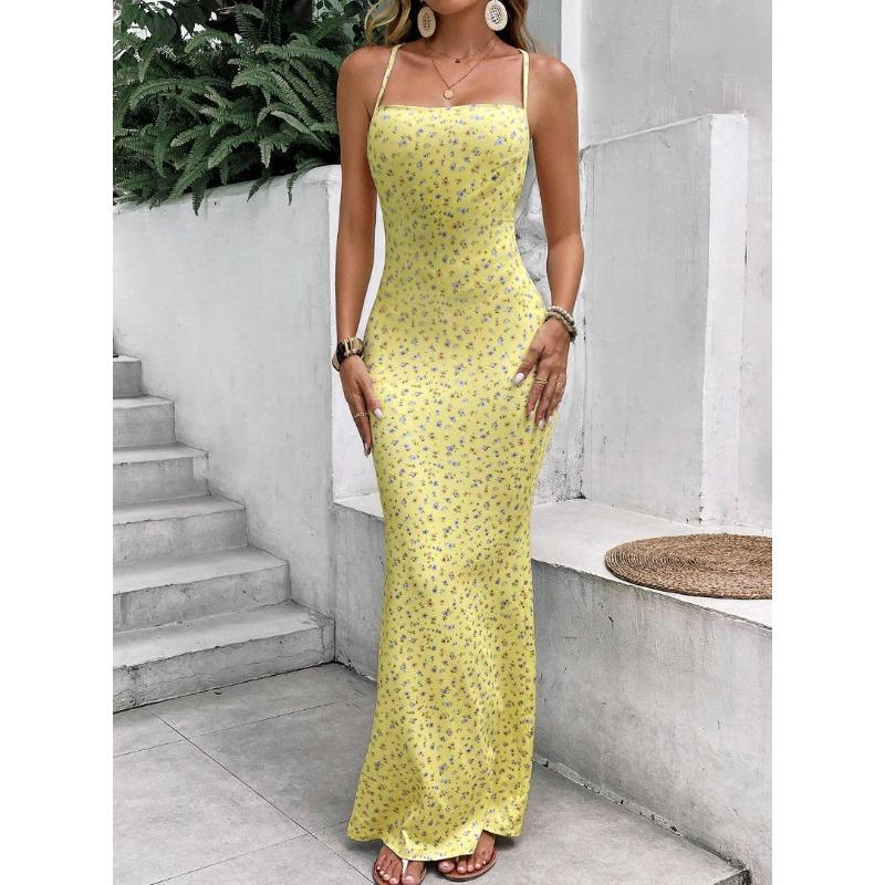 Printed Women's Clothing Backless Skinny Hip Wrap Suspender Swing Neck Dress Sexy Spice Fashion