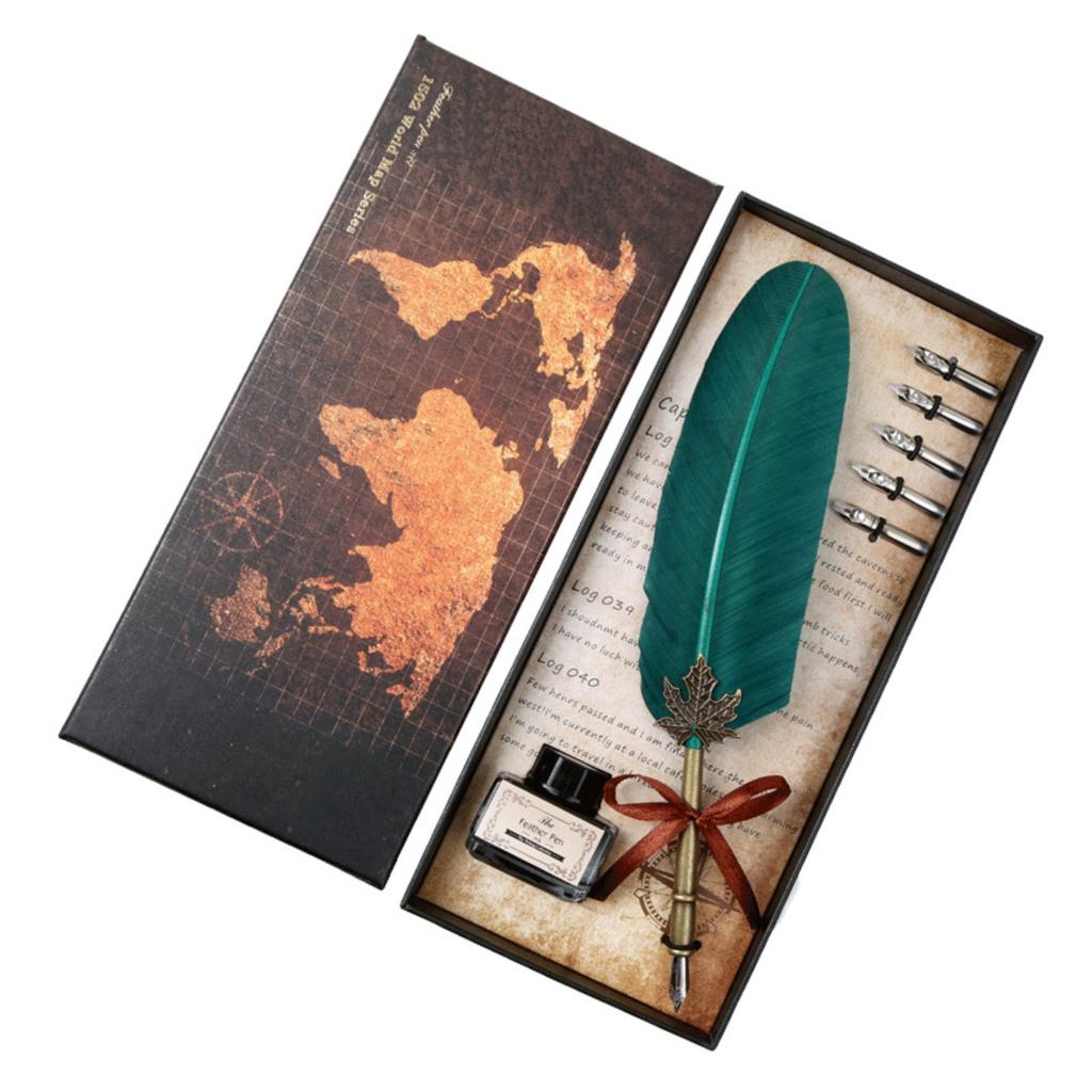 1 Set Retro Classic Texture Practical Calligraphy Feather Dip Pen Quill Foun-tain Writing Portable Birthday/Valentine's Day/Wedding Gifts 10ml