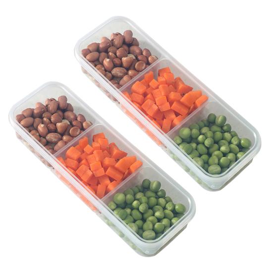 2Pcs Slim Meal Prep Boxes with Lids Long Clear Snack Containers with 2 or 3 Compartments Narrow Stackable Refrigerator Organizer for Fridge Pantry