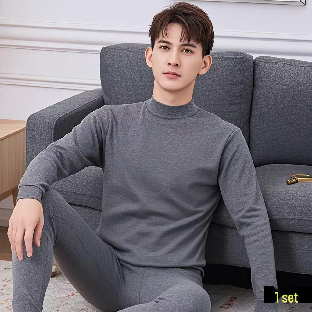 Men's Pure Cotton Thermal Underwear Set: High Neck Top & Bottoms for Cold Protection and Quick Warmth