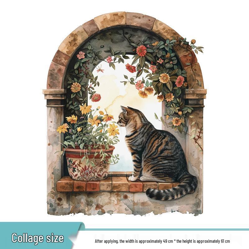 Forest-style Bedroom Sofa Wall Stickers: Window, Plants, Flowers, Cat Mural Decoration