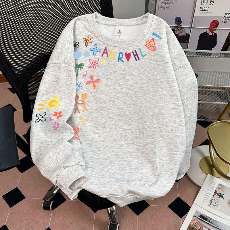 

Women s Gray Graffiti Crewneck Sweatshirt - Spring/Autumn 2025 Petite Loose Korean Style Lazy Wind Top L for 165-170cm