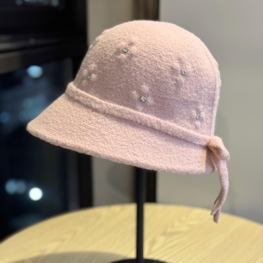 New Winter High-end Handmade Woolen Hat with Rhinestone Decoration, Japanese-style Warm Fisherman Hat, Elegant Women's Bucket Hat, Trendy