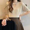 Women's Ice Silk Knitted Shirt Summer Beaded Short Sleeve T-shirt Women's Hollow Top