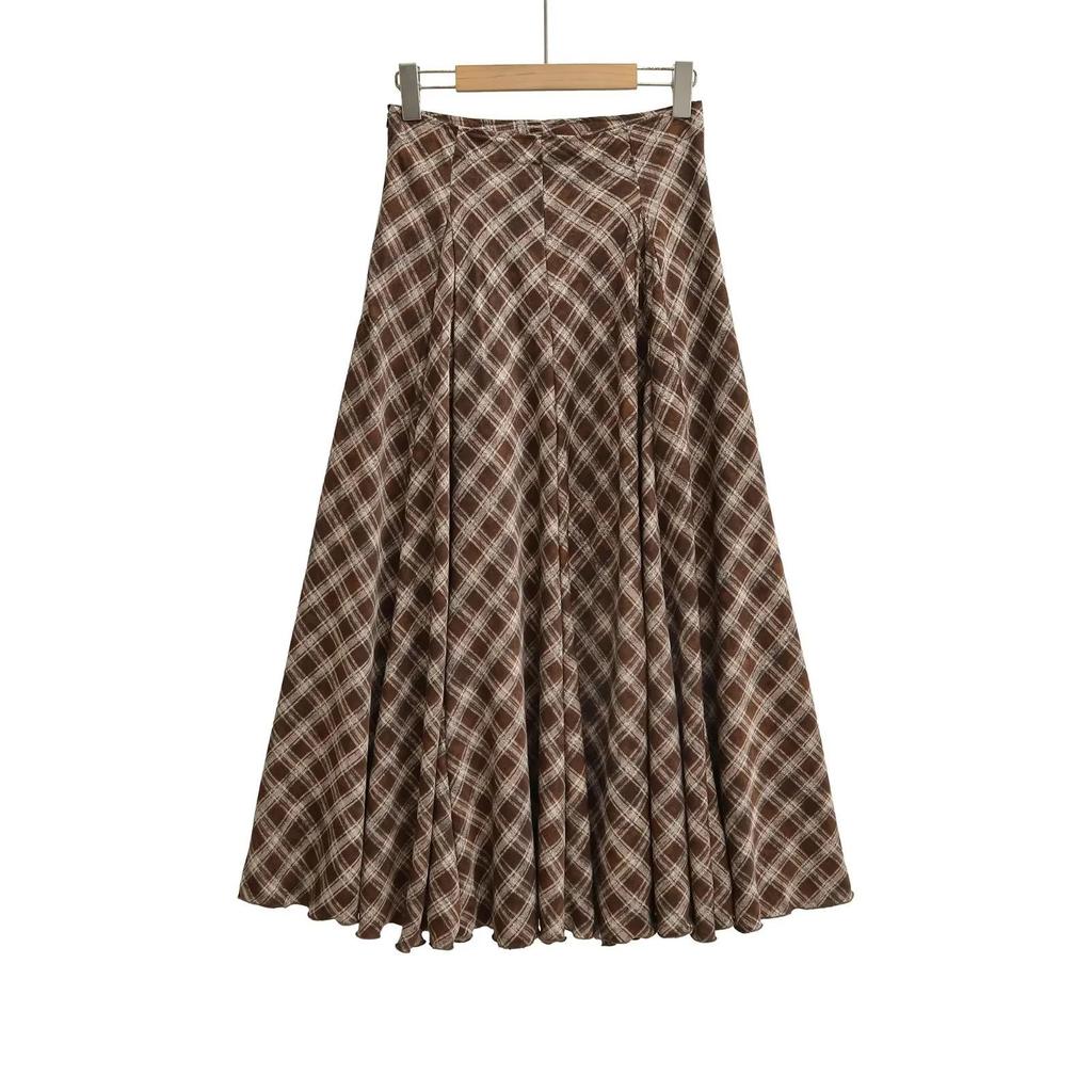 Triangle Panel High-Waisted Plaid A-Line Skirt - Women's Autumn/Winter Retro Style
