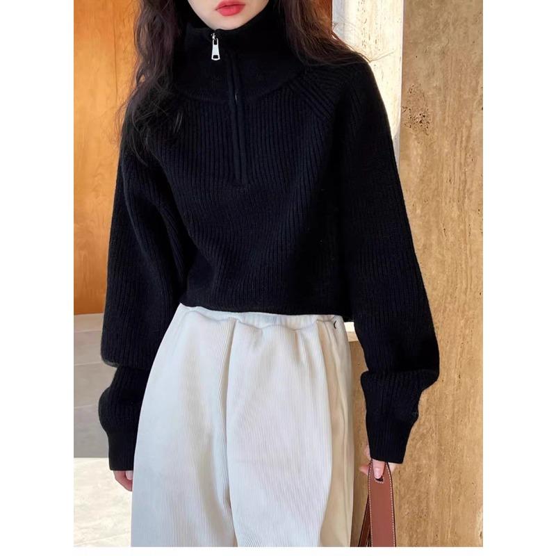 Fashion Autumn Winter Semi-turtleneck Zipper Women Knitted Sweater Long Sleeve Loose Short Tops New Solid Color Office Casual Simple Clothing