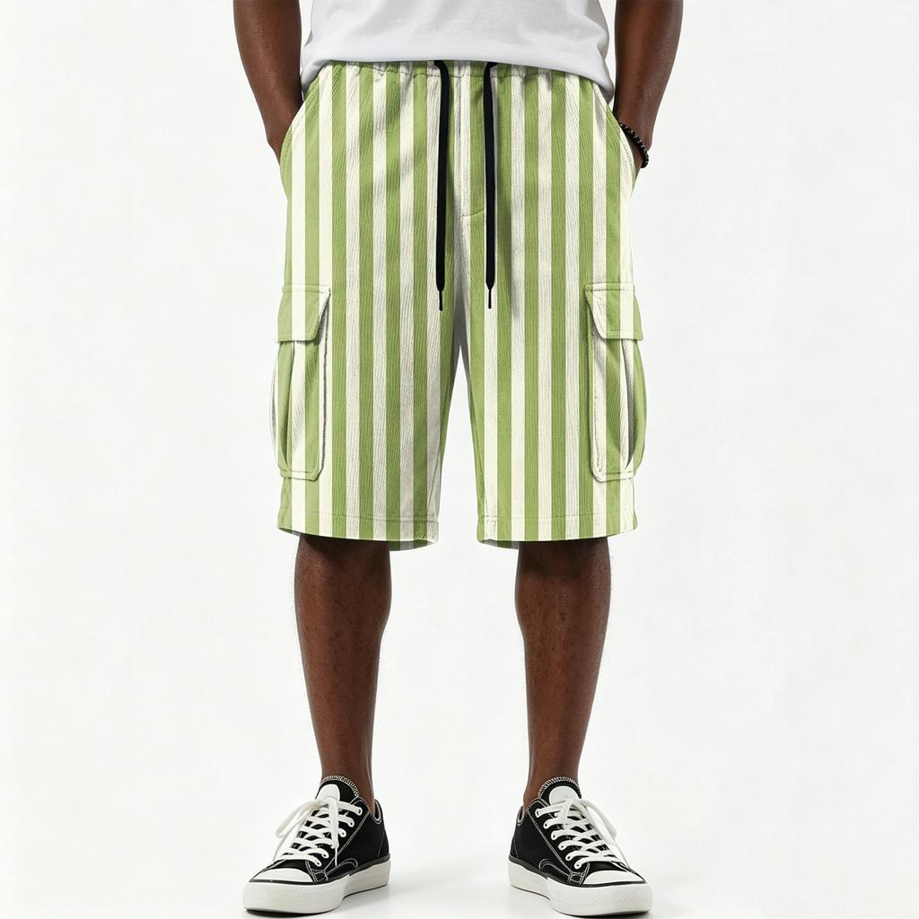 Men's Casual Striped Print Drawstring Shorts with Multiple Pockets Knee Length