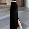 Women's Autumn/Winter Black Velvet Slimming Long Skirt with Thick Lining and Slit