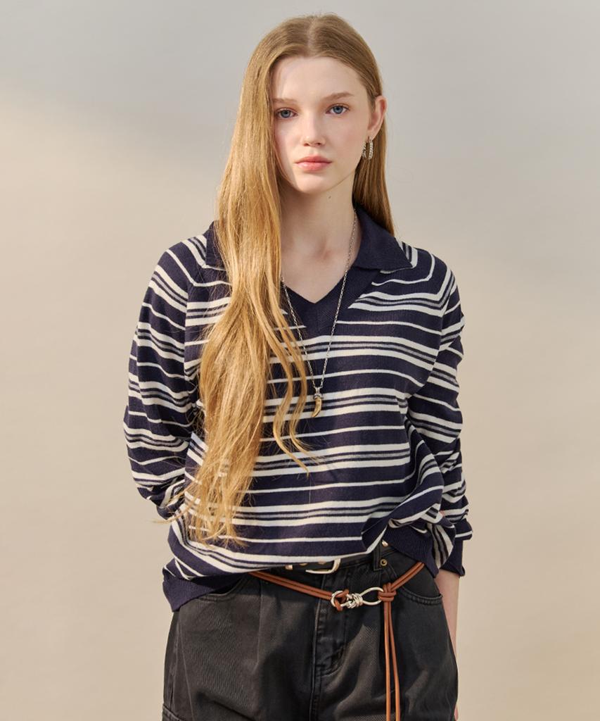 MAXZA Multi-Stripe Open Collar Knit