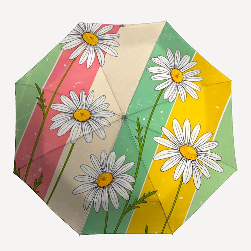 

1pc Daisies Stripes Automatic Folding Umbrella - Compact 8-Rib Design, Durable Plastic & Iron, Festive Gift, Compact Umbrellan029