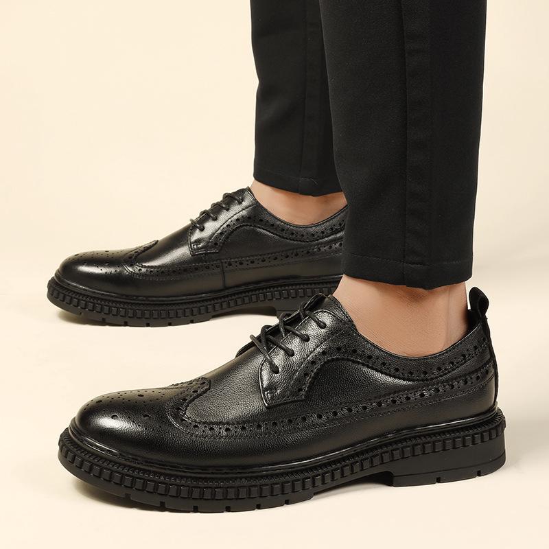 Brogue Men's Autumn Casual Leather Shoes, Thick Sole Work Shoes, Black