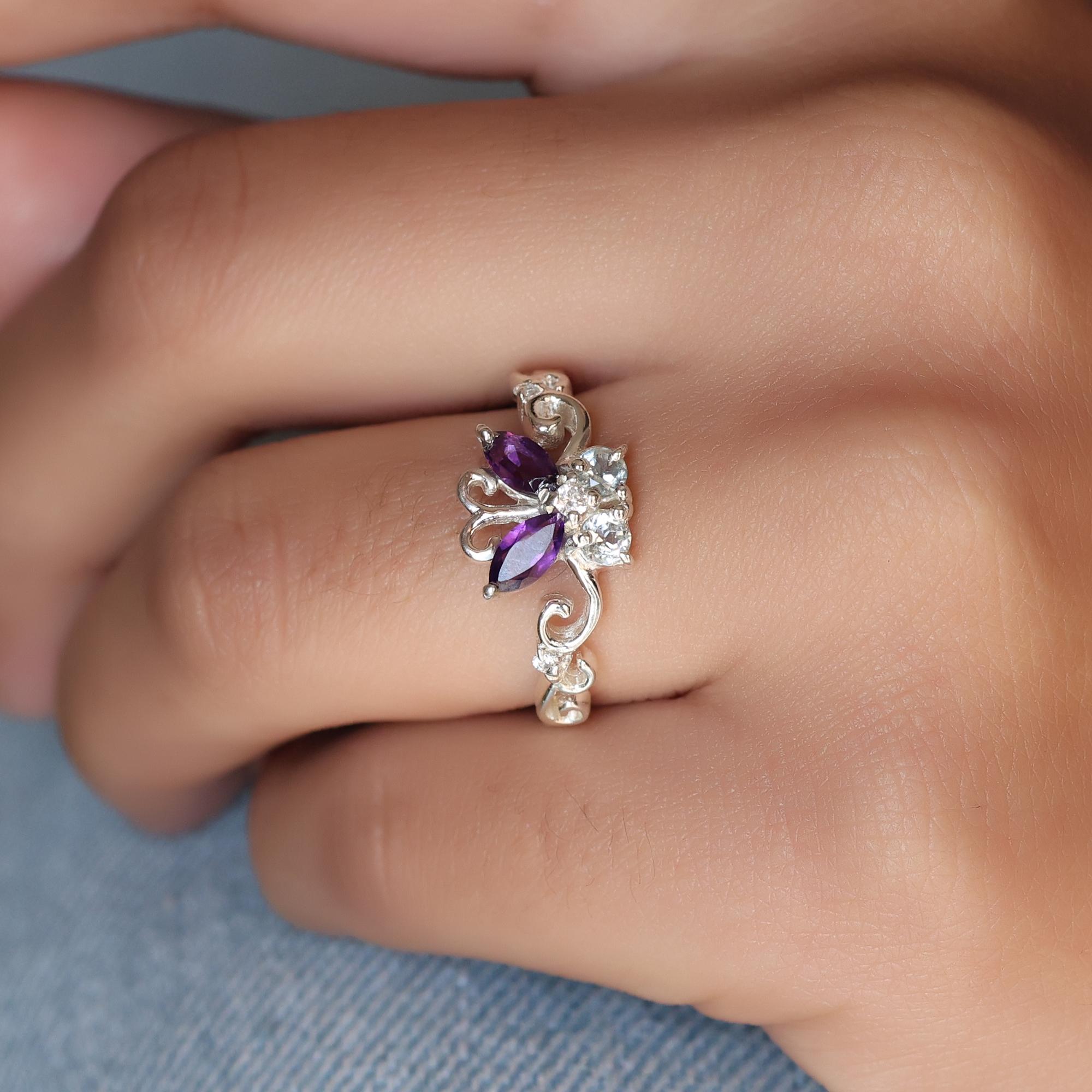 

Кольцо с бабочкой, Украшения с камнем рождения, Стерлинговое серебро, Изящное кольцо, Подарок для нее 5 фиолетовый