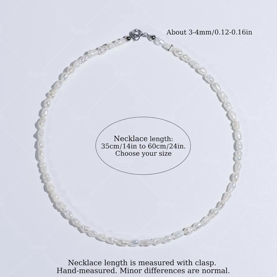 MYSOYA White Rice-Shaped Baroque Freshwater Pearl Necklace with Silver Clasp 35cm-14in