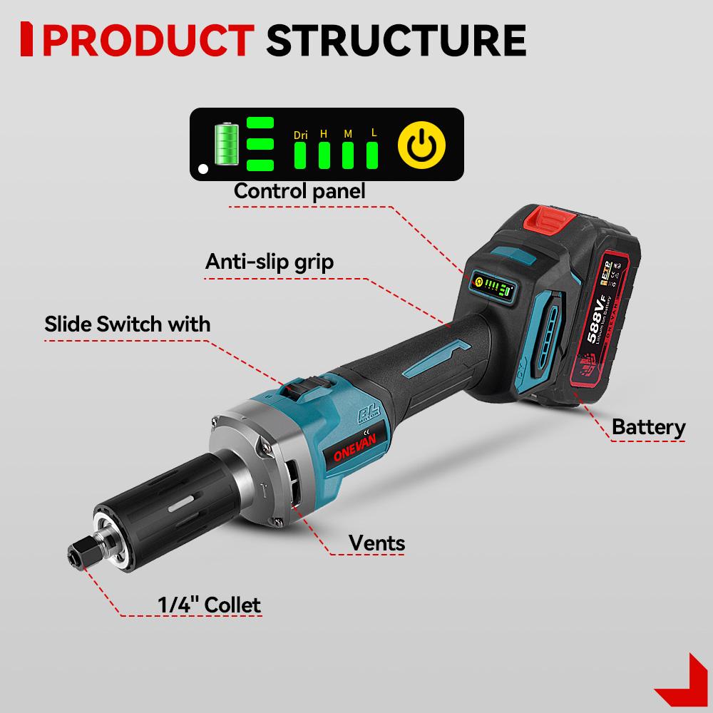 ONEVAN 2000W bürstenloser elektrischer Stabschleifer, 35000 U/min, 6 mm, kabellos, 4 Gänge, variable Schleif-Drehwerkzeuge für Makita 18-V-Akku