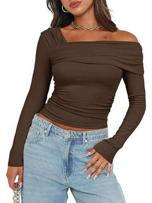 Darong Women s One-Shoulder Ruffled Long-Sleeve Slim-Fit Y2K Top Extra Large темно-коричневого