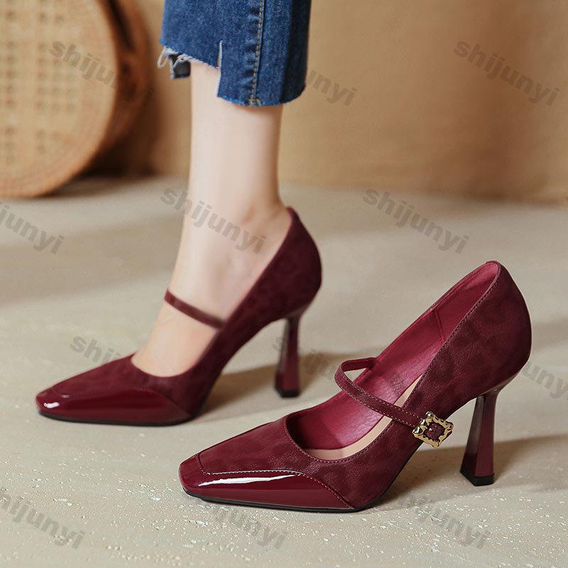 Fashion New Mary Jane Women's High Heels 2025 Thin Heels Sexy Fashion Leopard Shoes Women Square Head Buckle Strap Pumps High Quality
