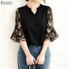 ZANZEA Women Floral Print Splice 3/4 Sleeve Casual V-Neck Blouse