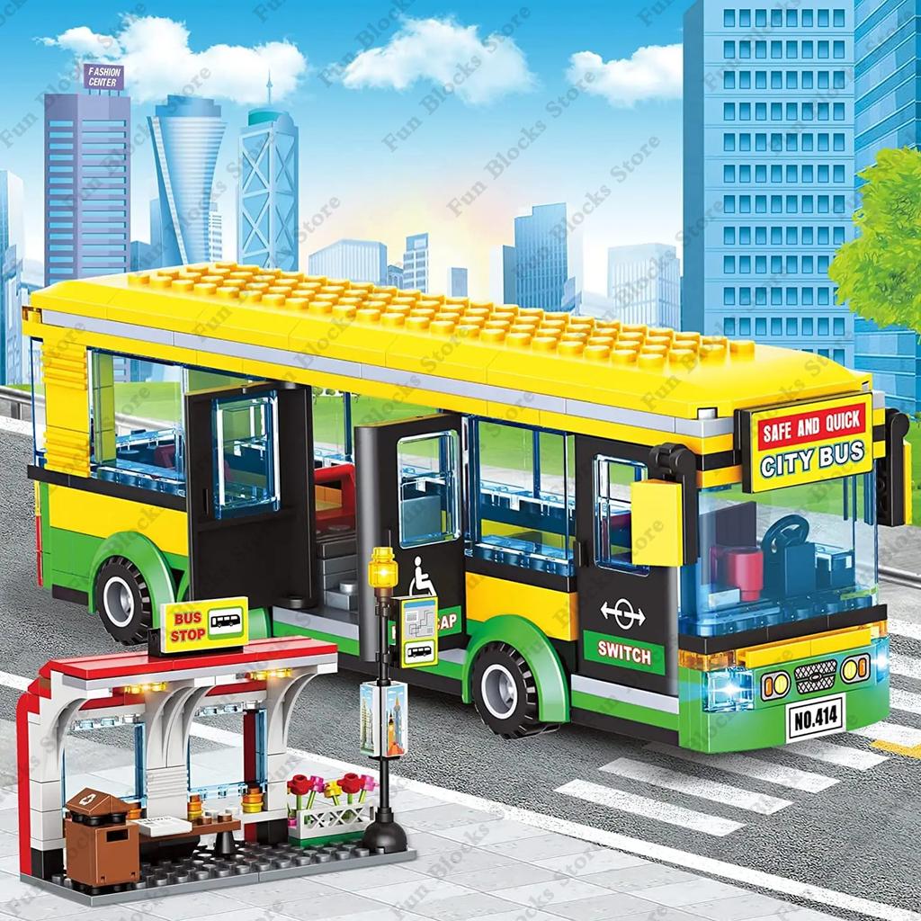 Hot City Car Yellow Passenger School Bus Station Public Vehicle Sets Figures Bricks Model Building Blocks Diy Toys For Boys Gift