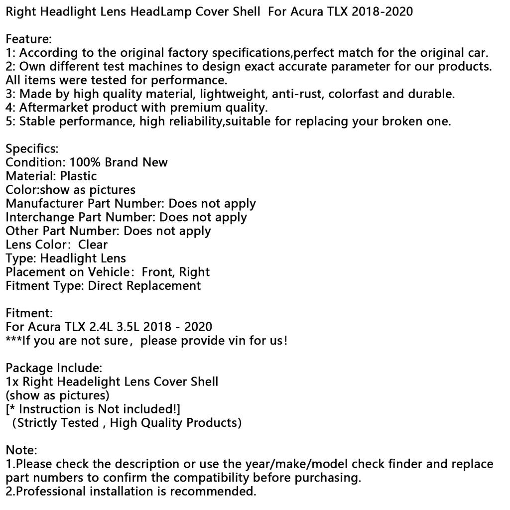 Right Headlight Lens HeadLamp Cover Shell For Acura TLX 2018-2020