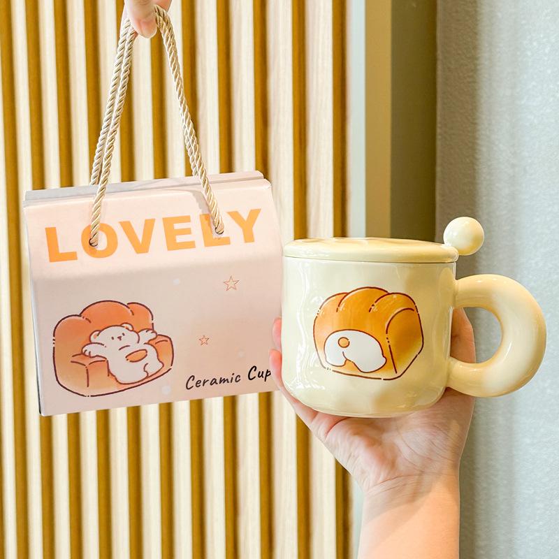 Cute Milk Fufu Cute Mug with Lid Spoon Girls Household Ceramic Coffee Cup Student Breakfast Milk Cup