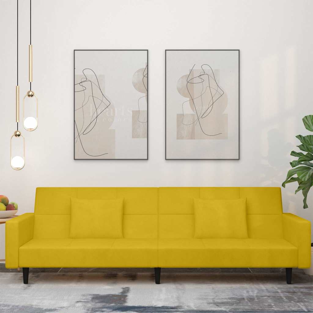 2 Seater Sofa Bed with 2 Cushions Yellow Velvet