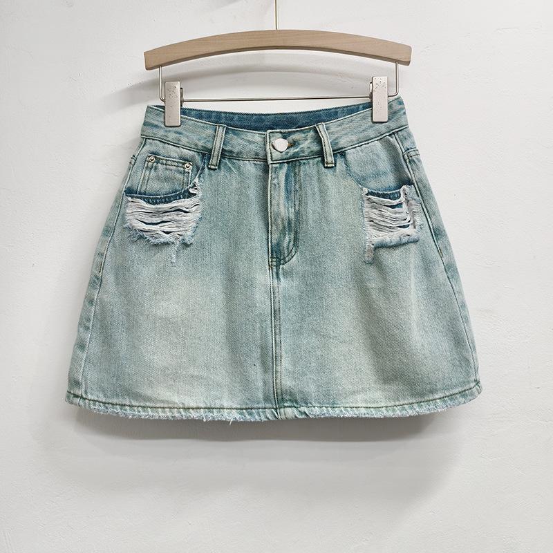 Summer new high-waisted A-word Spice Girl short skirt niche thin versatile hole short denim skirt tide S