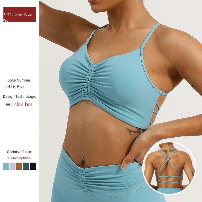 Cross-Border Summer New Wrinkle Yoga Bra Thin Strap Crossing Beauty Back Exercise Underwear Shockproof Push-up Workout Bra