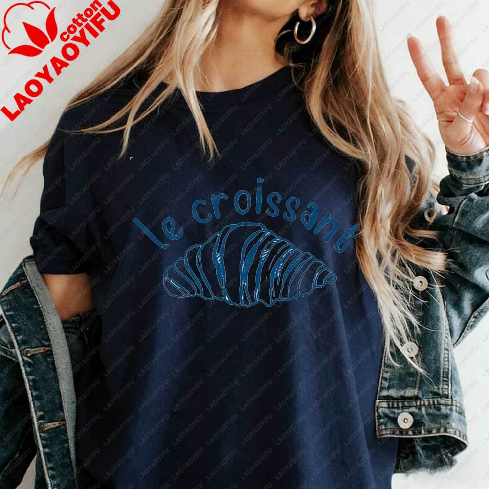 

Womens Minimalist Le Croissant TShirt French Blue Line Art Graphic Tee Cotton Tshirt Summer Aesthetic Parisian Food Lover Tops 3XL